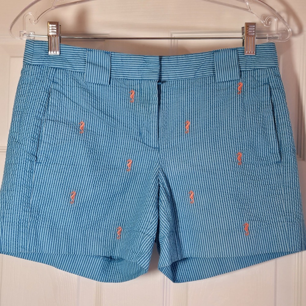 Brooks Brothers Blue Seersucker Shorts Seahorse Print Women's Size 2 Cotton